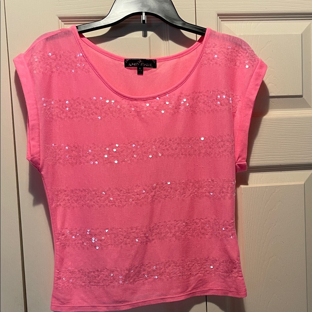 Almost Famous Hot Pink Short Sleeve Sequin Stripe Top